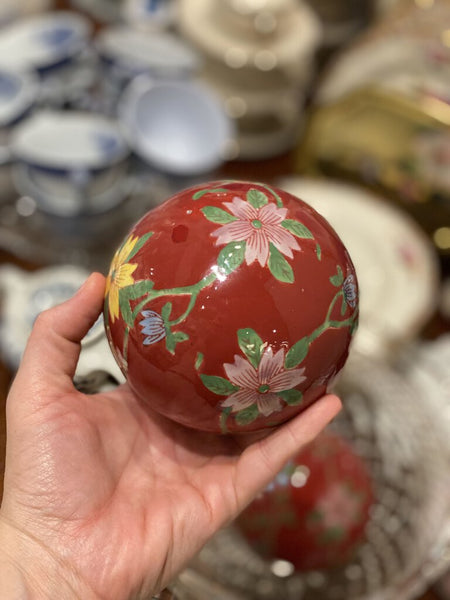 Large Vintage Red/Floral Porcelain Carpet Balls #001