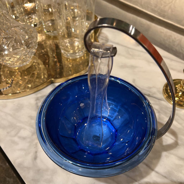 Mid century ice bucket with blue insert and tongs