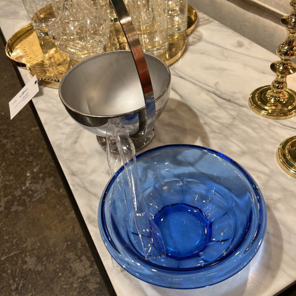 Mid century ice bucket with blue insert and tongs