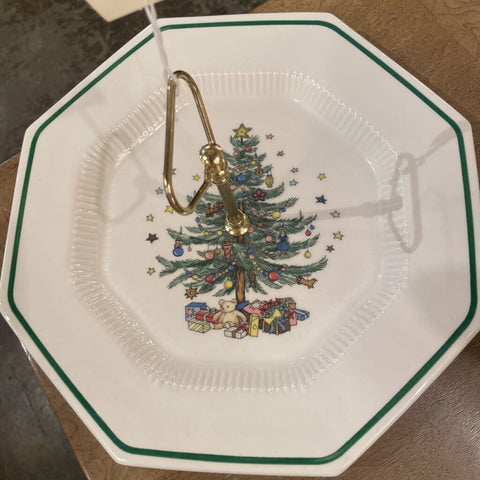vintage Christmas cookie platter with brass holder