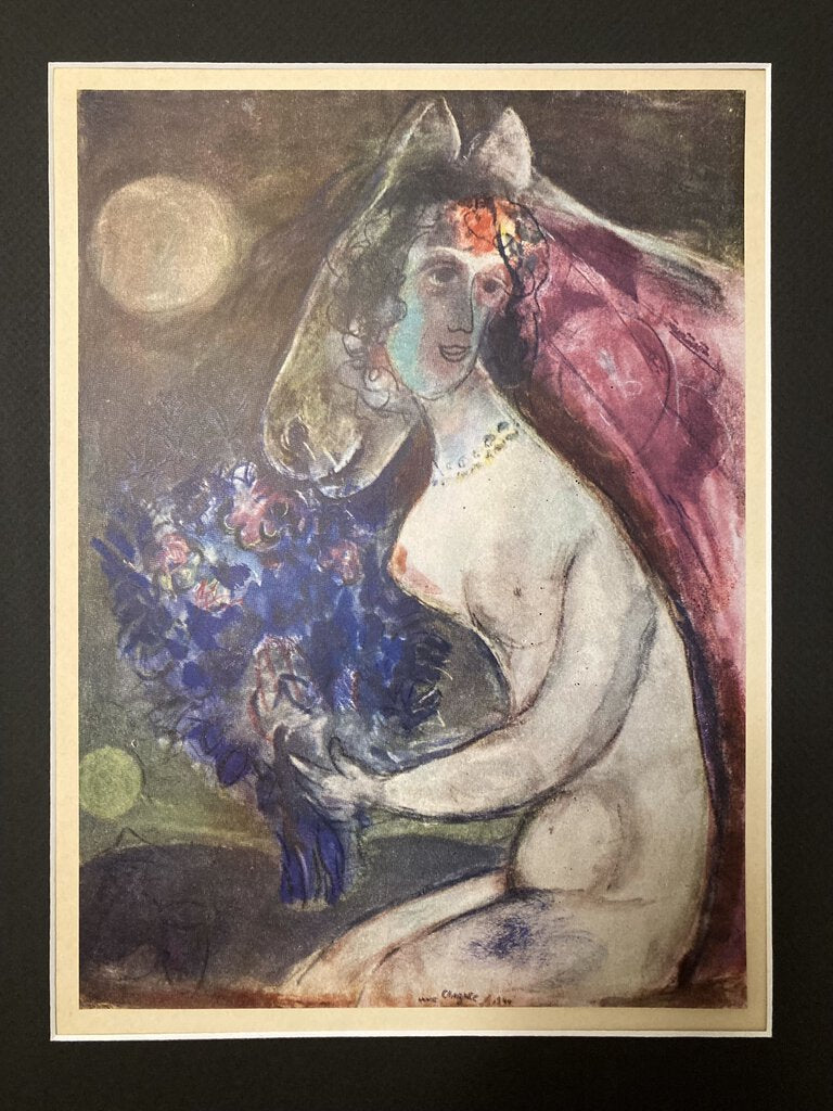 Custom gold leaf framed limited edition 1944 French offset lithograph after painting Clair De Lune by Marc Chagall 22hx18w