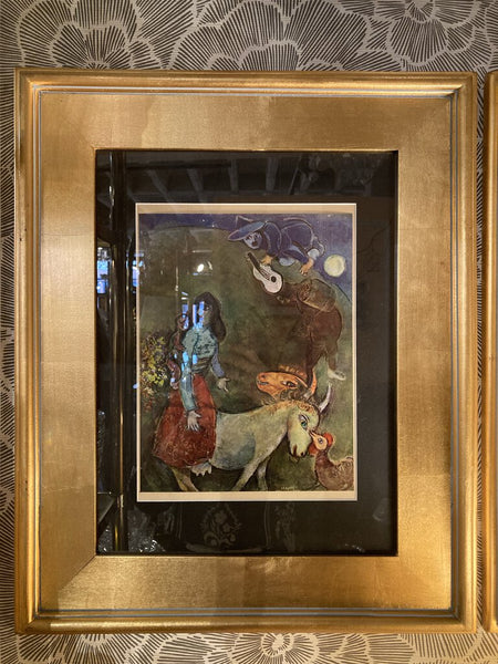 Custom gold leaf framed limited edition 1943 French offset lithograph after painting La Guitare Endormie by Marc Chagall 22hx18w
