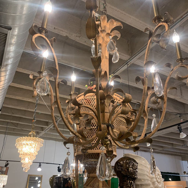 Gilt Tole Chandelier with crystals 27 tall 32 wide in store pick only