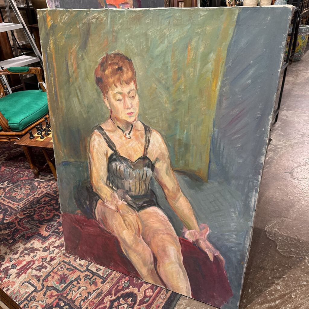 Large vintage portrait woman corset 34x44 on canvas