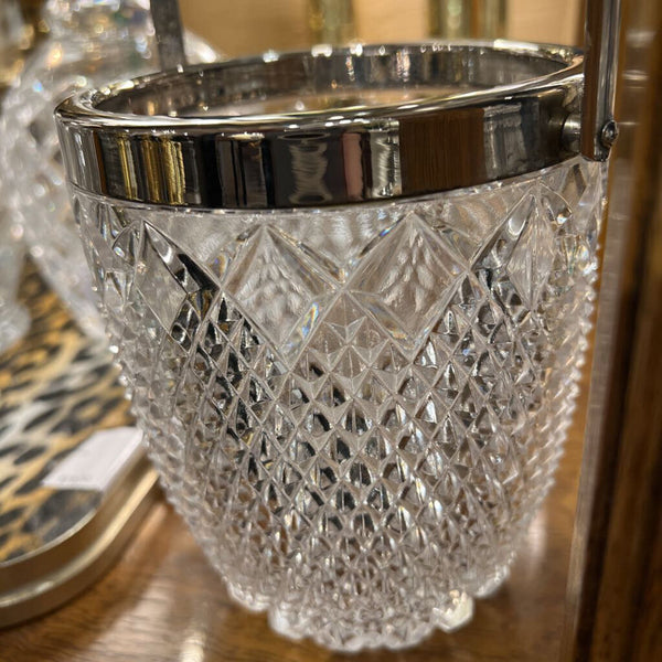 Cut glass ice bucket with silver plated handle and edge