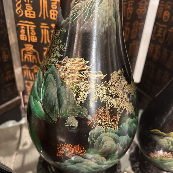 Large hand painted Asian enamel vase on stand