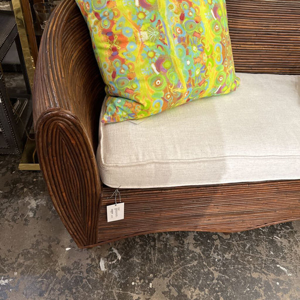 Mid Century Pencil Reed curved sofa. L 69 x D 32 x H 30.5 new upholstrey in store pick up only