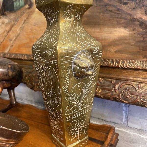 Brass Square Asian Foo Dog Vase