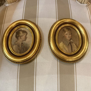 Pair of boy & girl portraits, gilded oval frames (6")