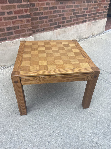 Vintage Conant and Ball checkered parquet side table with drawer 29" square x 20"tall