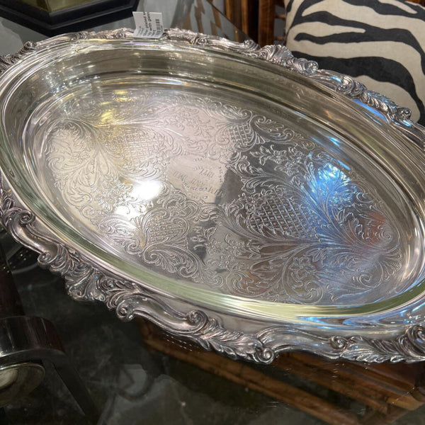 Silver plated serving tray with glass oval insert