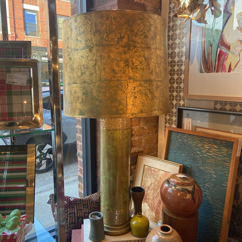 French reverse eglomise antique lamp and shade in the style of Fornasetti