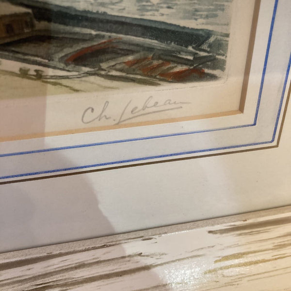 Vintage framed Paris engraving Seine River, artist signed (16"l, 14"h)