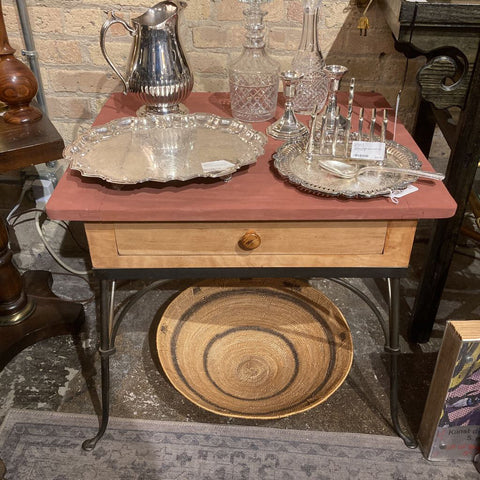 Painted wood side table, cherry with iron legs (in store pickup only)