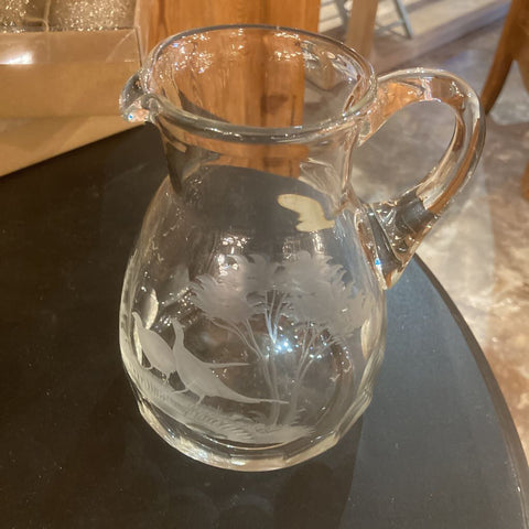 Vintage German hand-etched crystal pitcher with pheasants (7"h, 5"w)