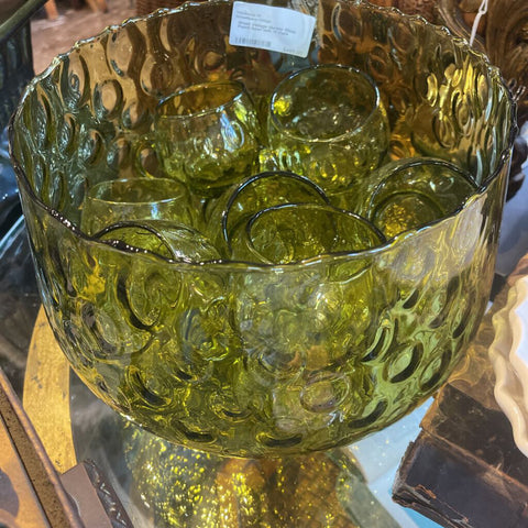 Green Vintage Murano Glass Punch Bowl with 12 Cups