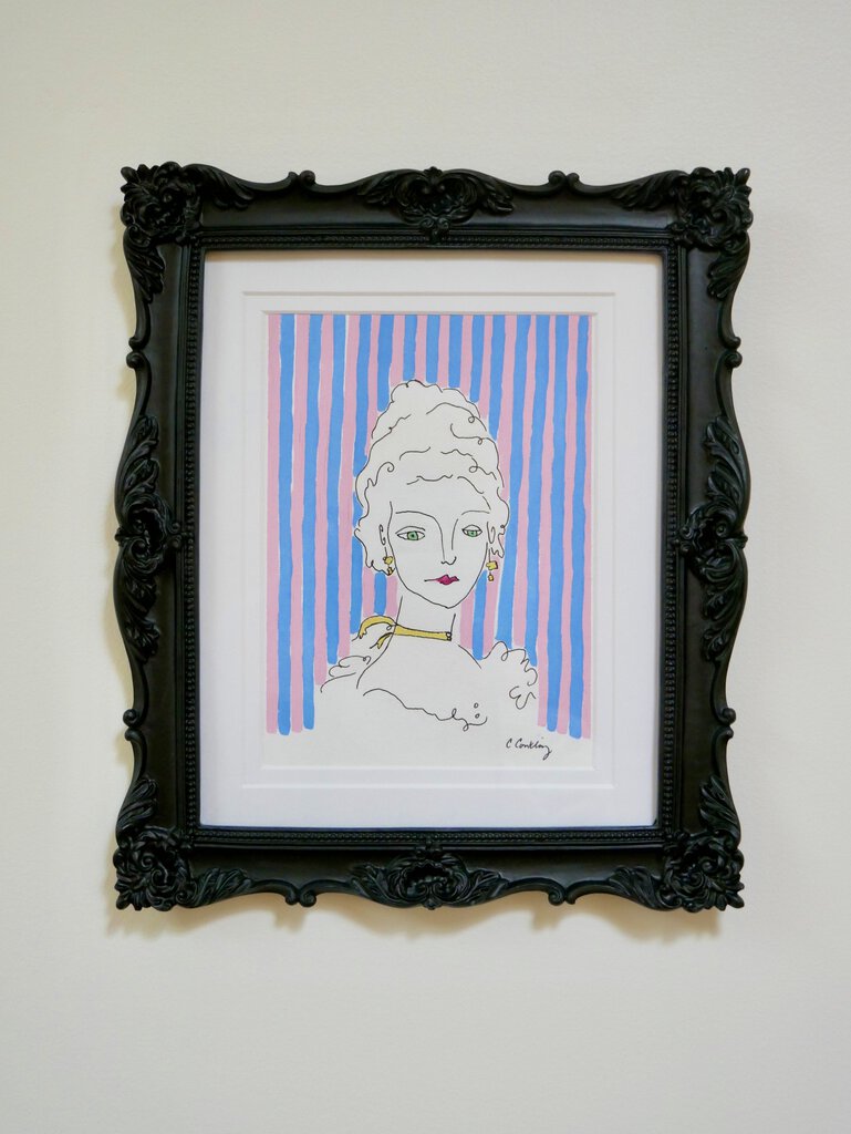 Charlotte ornate black framed ink and gauche portrait on handmade cotton paper 10.25in x 12in