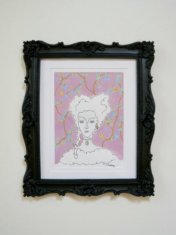 Elizabeth ornate black framed ink and gauche portrait on handmade cotton paper 10.25in x 12in