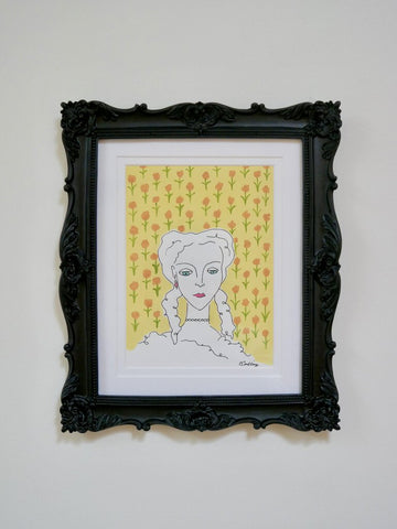 Emily ornate black framed ink and gauche portrait on handmade cotton paper 10.25in x 12in