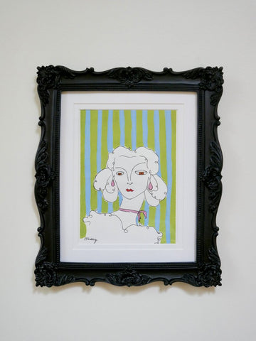Anne ornate black framed ink and gauche portrait on handmade cotton paper 10.25in x 12in