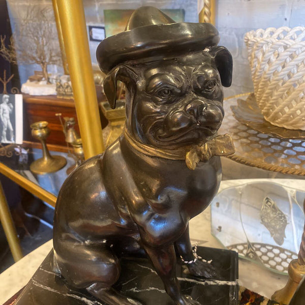 Pair Bronze and Marble Pug Dog Statues 10.5W 14H IN STORE PICKUP ONLY