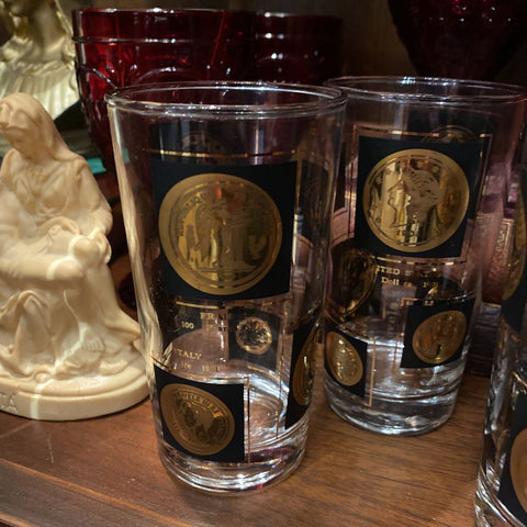 Set of 4 Gold and Black World Coin Glasses