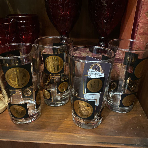 Set of 4 Gold and Black World Coin Glasses