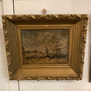 Antique 19th c harbor scene oil painting (13"h, 15"w)