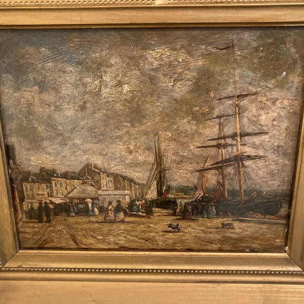 Antique 19th c harbor scene oil painting (13"h, 15"w)