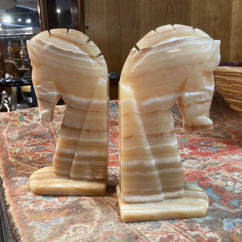 Pair vintage banded onyx horse head bookends (9"h, 4" w)