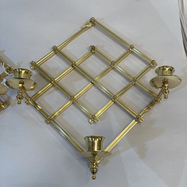 Pair brass lattice candle wall sconces (12x10 in)