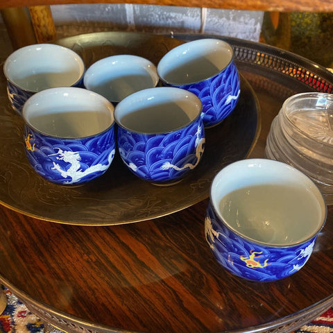 Set of 6 Blue and White Dragon Sake Cups