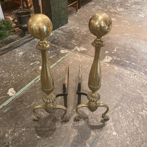 Pair vintage brass fireplace andirons (24"t, 9"w)